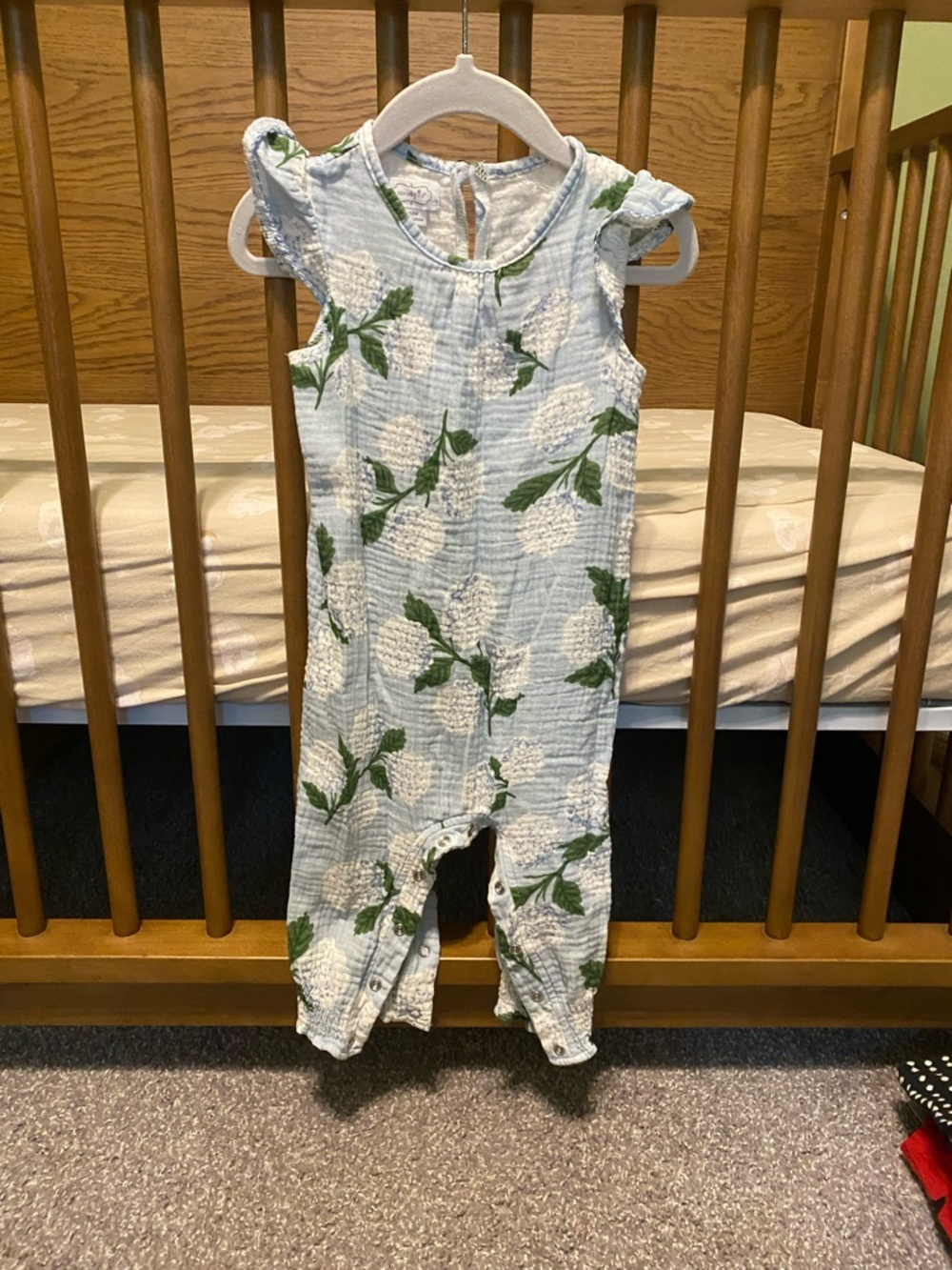 Mud Pie Light Blue Floral Baby Romper with Green Leaf Accents